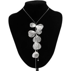 Boho Ginkgo Leaf Silver Y Necklace | Long Floral Pendant Jewelry.